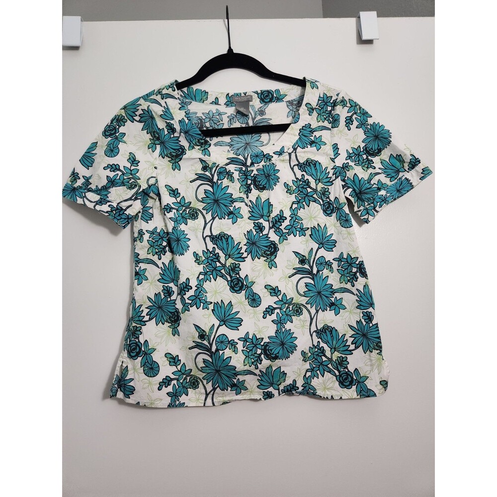 Ann Taylor Womens Sz 6P Short Sleeve Floral Blouse Top Casual Cotton Stretch